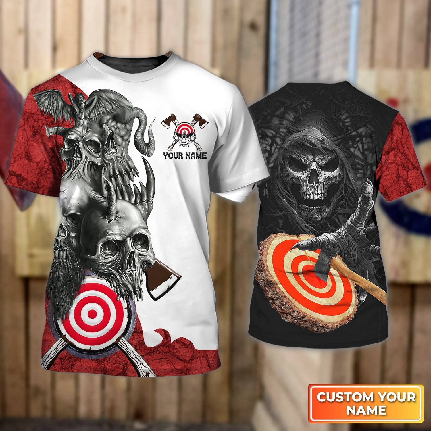 Skull Axe Throwing Target Personalized Name 3D Tshirt For Team Player