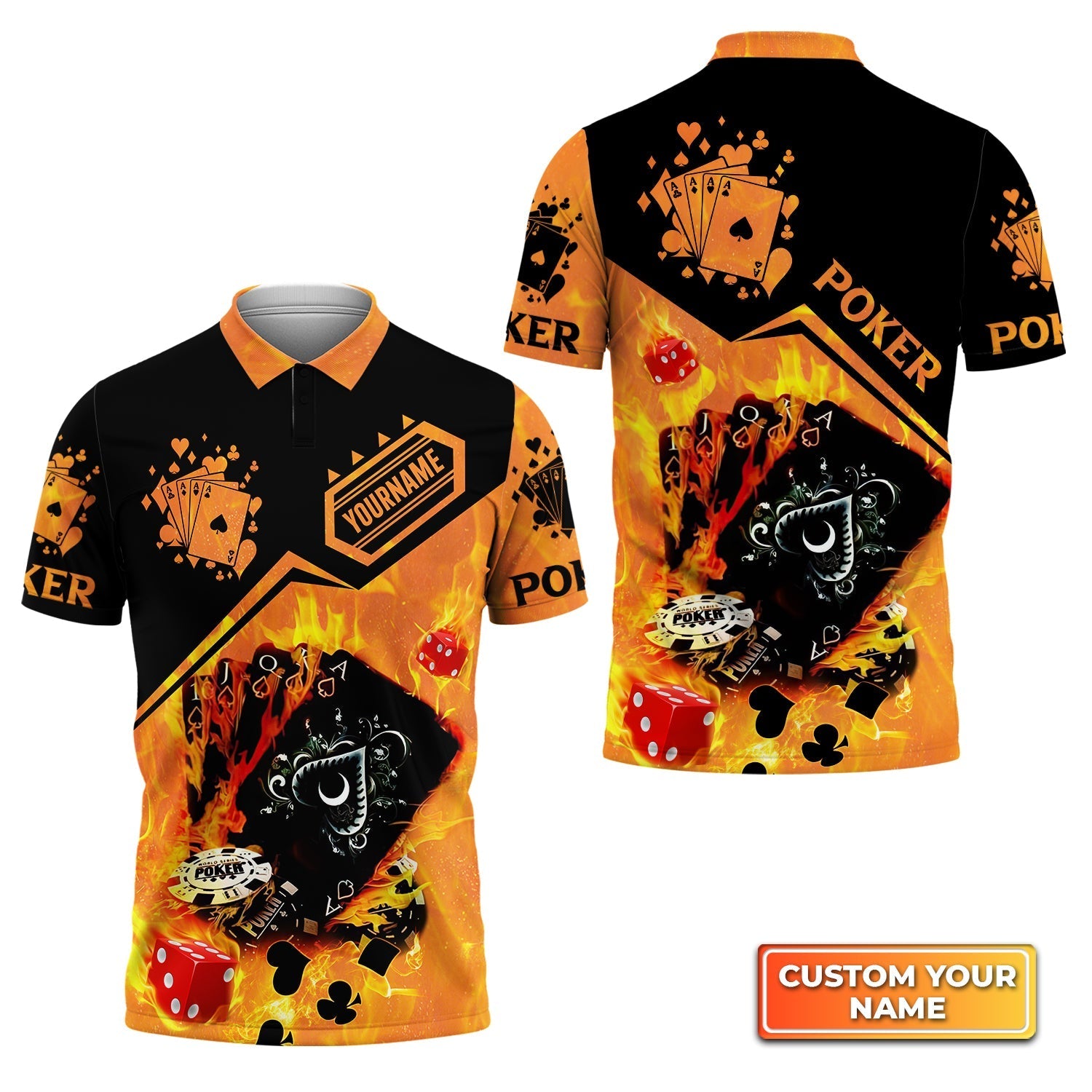 Poker Royal Flush On Fire Personalized Name 3D Polo Shirt Gift For Poker Players