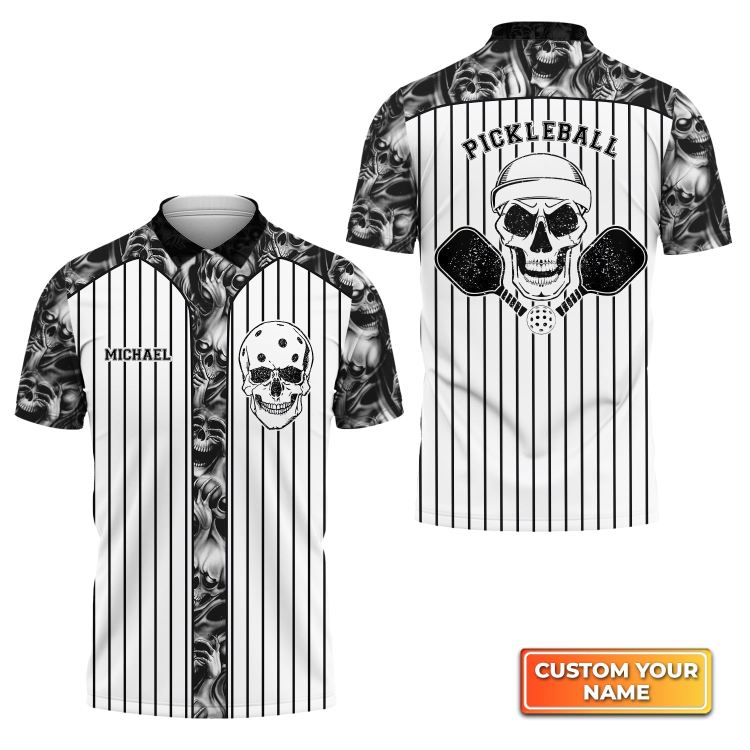 Skull Vertical Stripes Personalized Name 3D Polo Shirt Gift For Pickleball Player