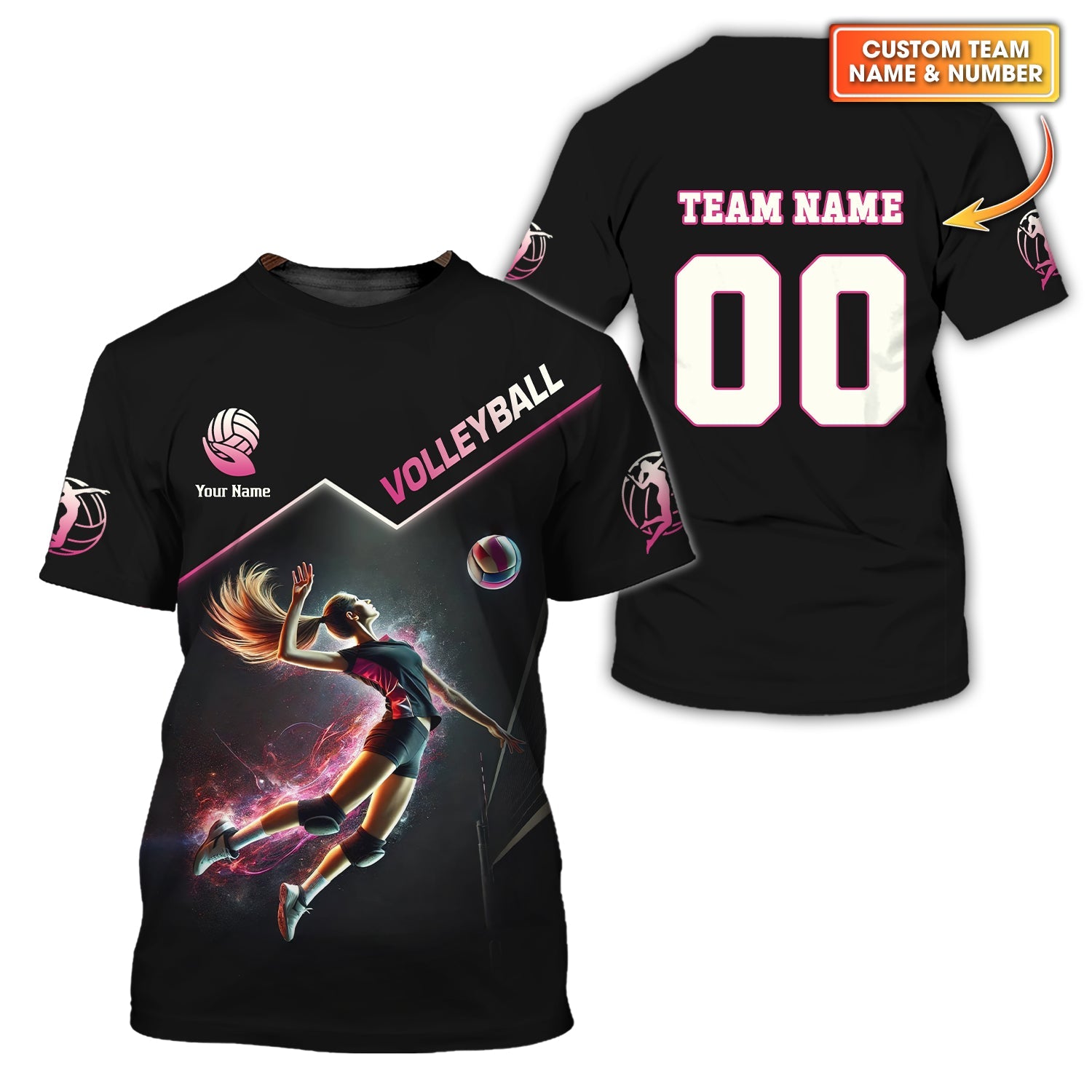 Custom Volleyball T-Shirt – Female Athlete Spiking with Fiery Light Streaks, Volleyball Jersey, Volleyball Gift