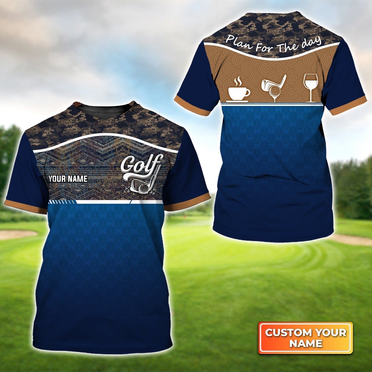 Blue Golf Jersey Plan For The Day Camo Pattern, Personalized Name 3D Tshirt Gift For Golfer