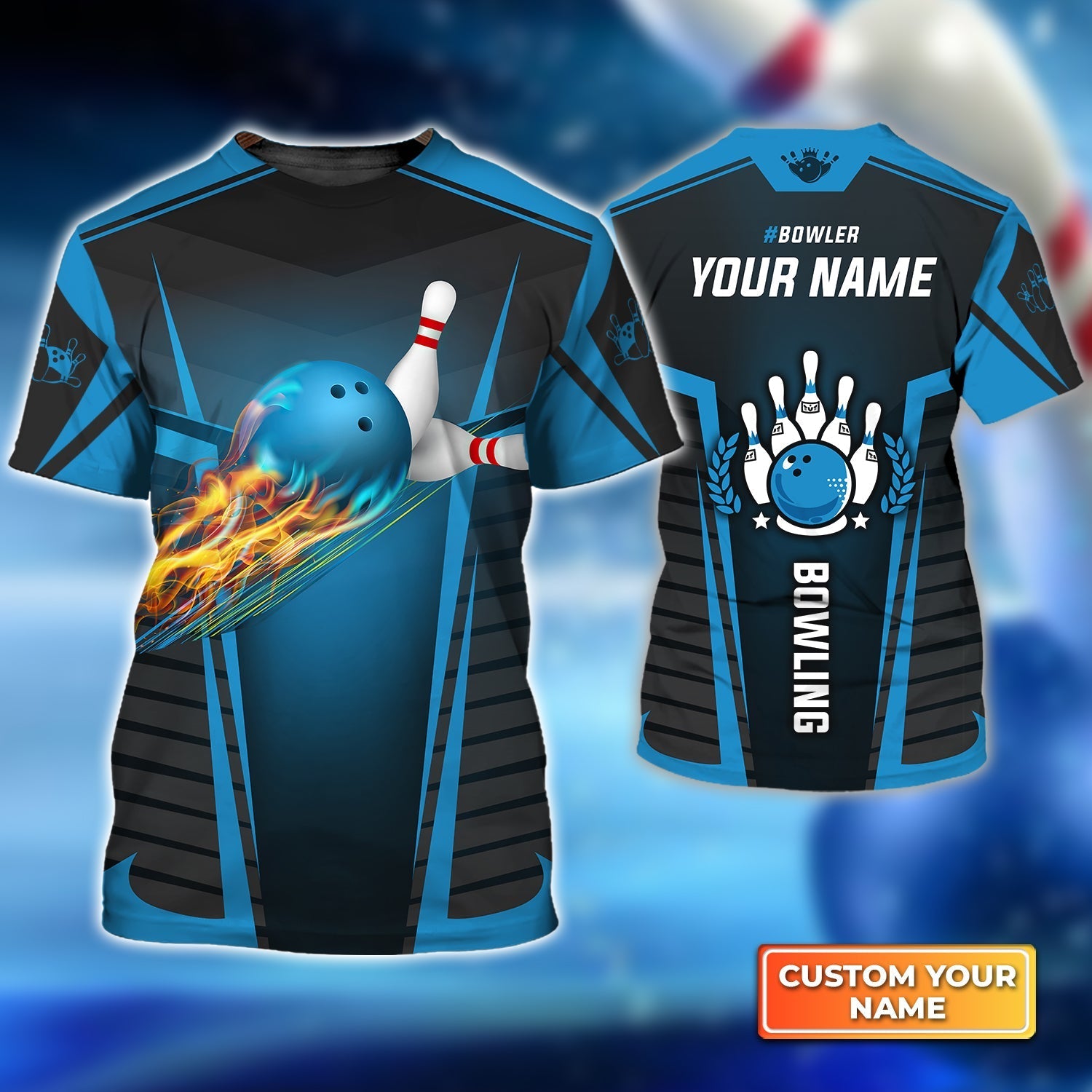 BowlerThe Blue Bowling Ball in Flames Breaks White Skittles Personalized Name 3D Tshirt