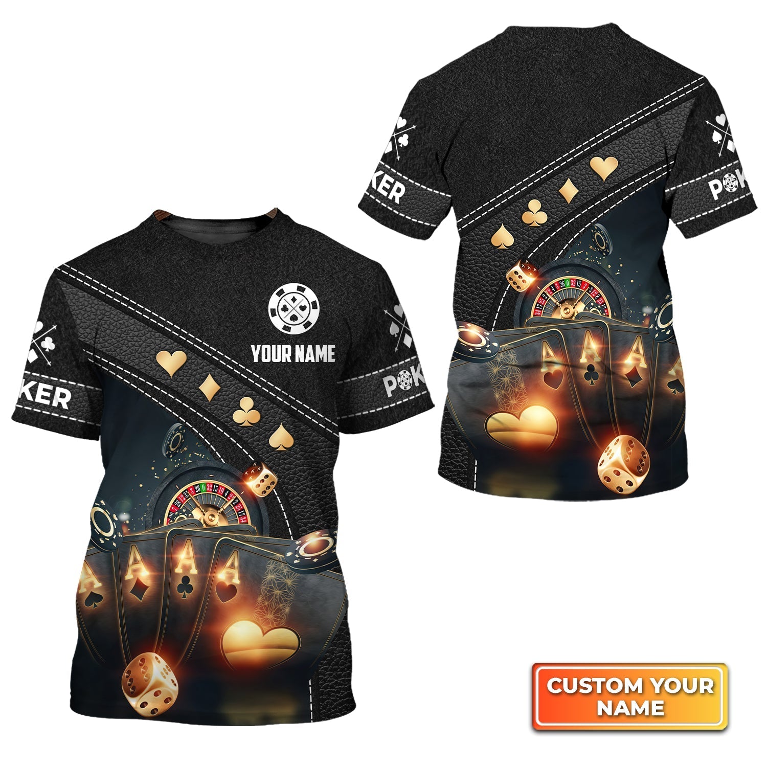 Poker Quad Aces Black Leather Personalized Name 3D Tshirt Gift For Poker Players