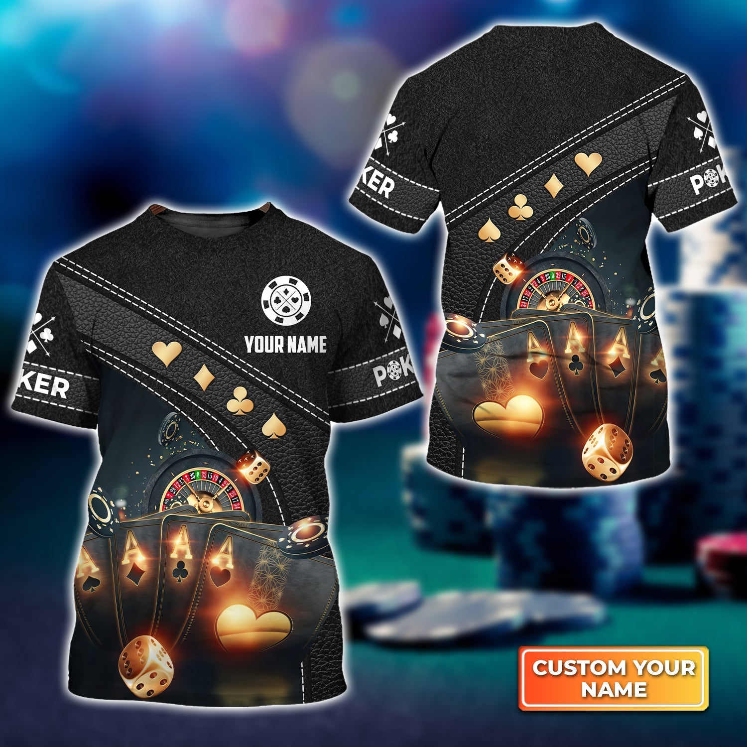Poker Quad Aces Black Leather Personalized Name 3D Tshirt Gift For Poker Players