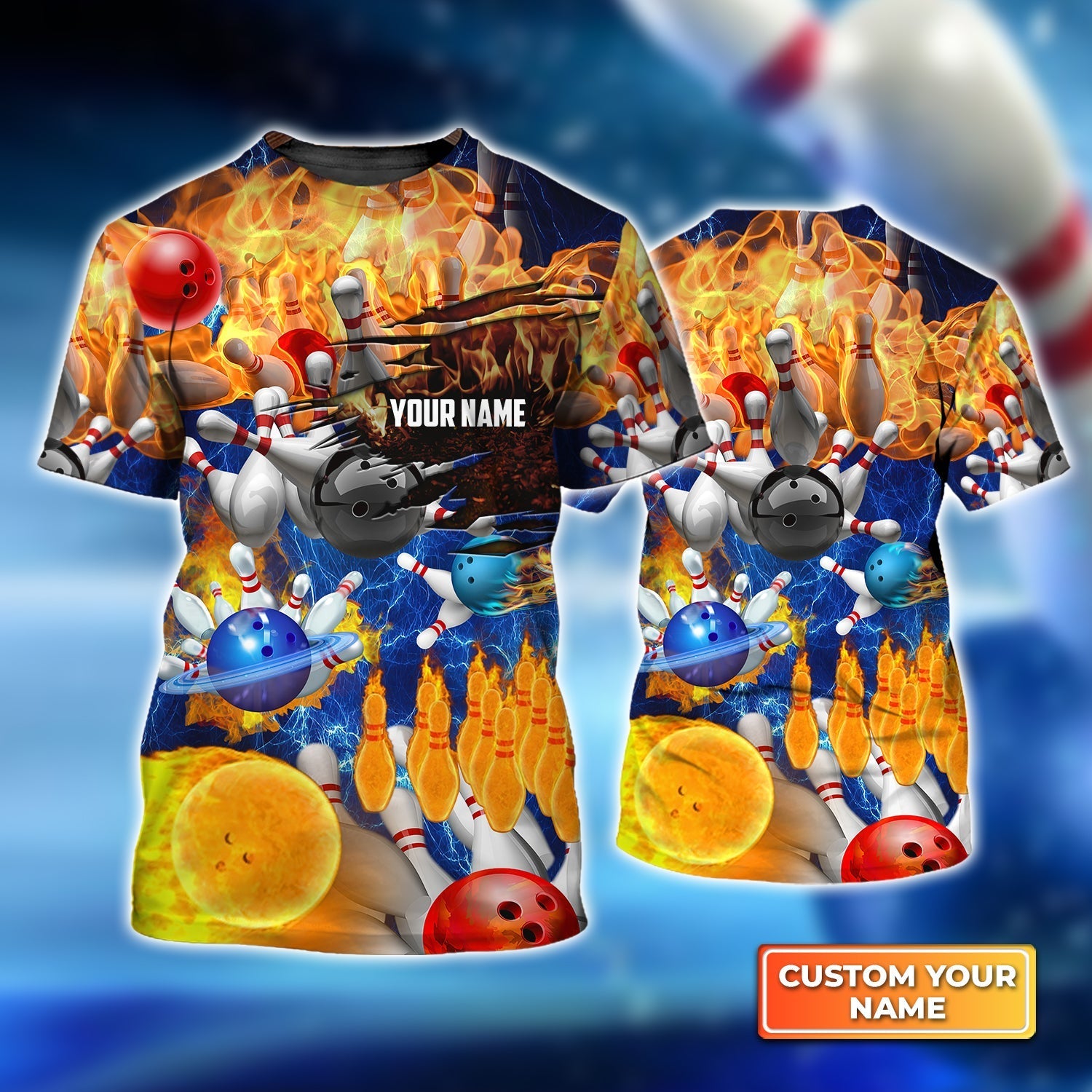 Bowling Colorful Balls and Pins Personalized Name 3D Tshirt
