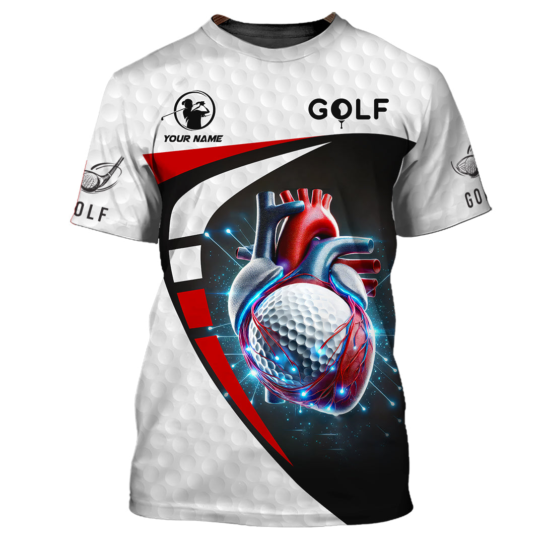 Custom White, Black & Red Golf Shirt – Anatomical Heart with Golf Ball Design – Bold Personalized Apparel for Passionate Golfers
