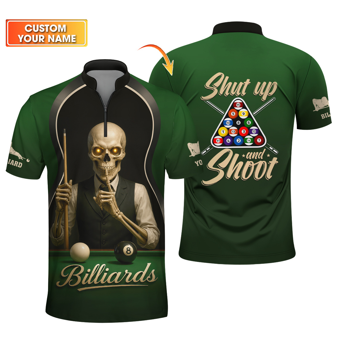 Shut Up and Shoot Billiards Shirt For Men – Custom Skeleton Pool League Polo – Funny Cue Sports Billiards Jersey - Father’s Day Gift Idea