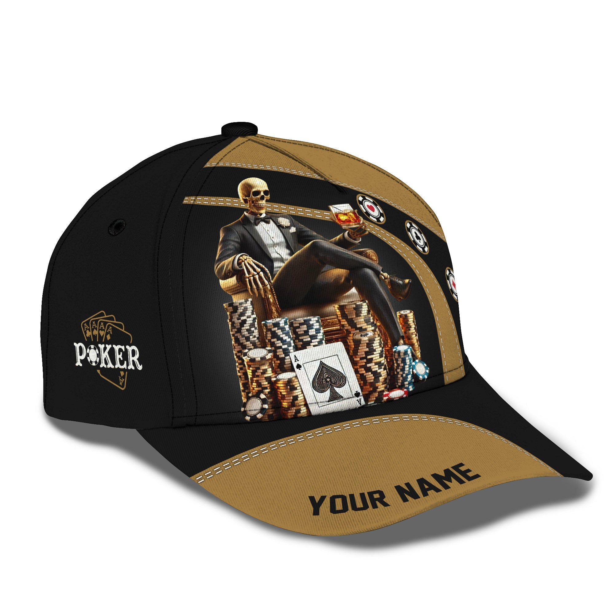 Skull Poker Chips Gambler Cap, Custom Name Poker Hat, Poker Player Hat