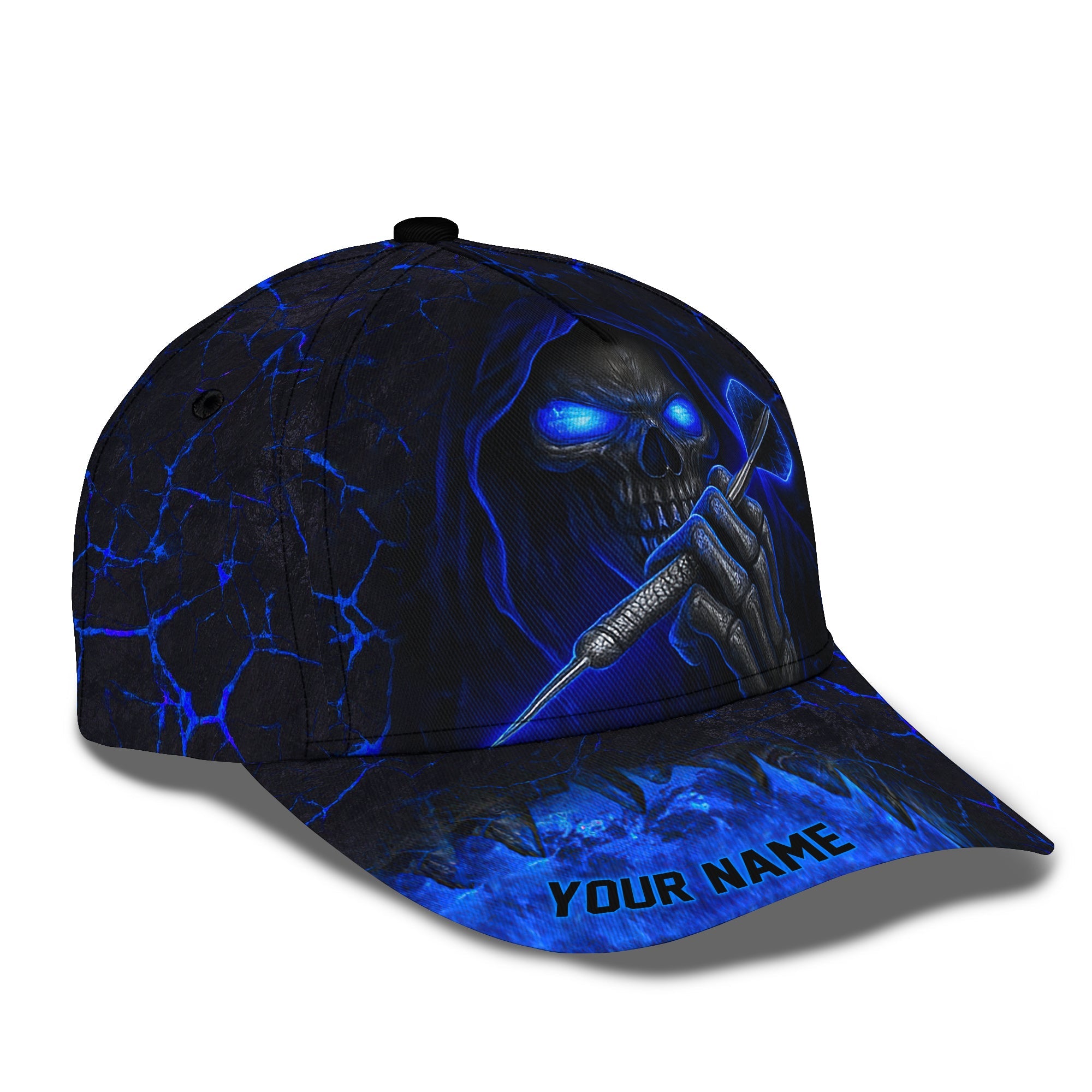 Skull Dart Classic Cap, Grim Reaper Blue Flame Dart Hat, Custom Name Dart Player Gift
