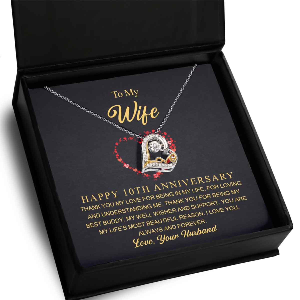 10 Year Anniversary Gift for Wife, 10th Wedding Anniversary Heart Necklace, Ten Years Anniversary Gift