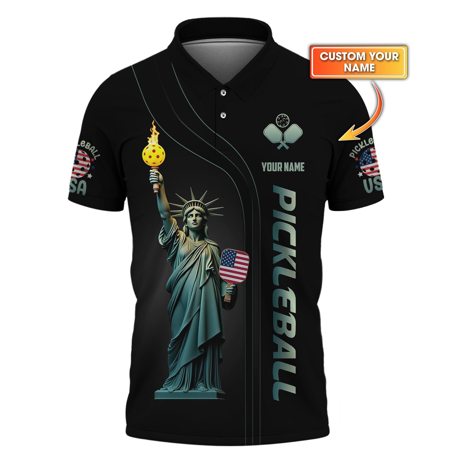 Custom USA Pickleball Shirt – Statue of Liberty Design with Paddle & Ball – Patriotic Pickleball Apparel for Men & Women